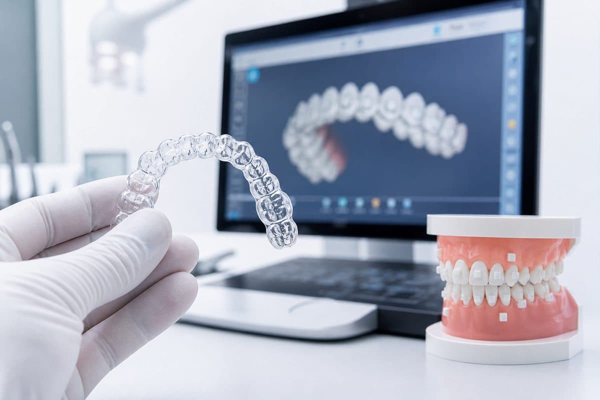 Clear aligner tray beside a dental model with composite attachments during digital treatment planning